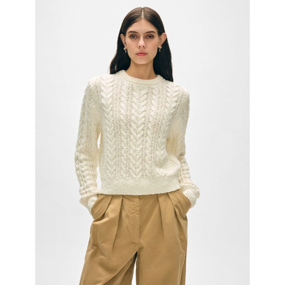 White + Warren Cotton Slub Cable Crew Women's Sweater in Ivory